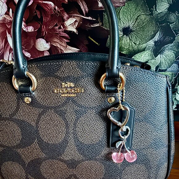 NEW Silver Pink Cherries and Heart Keychain Bag Charm - Picture 2 of 5